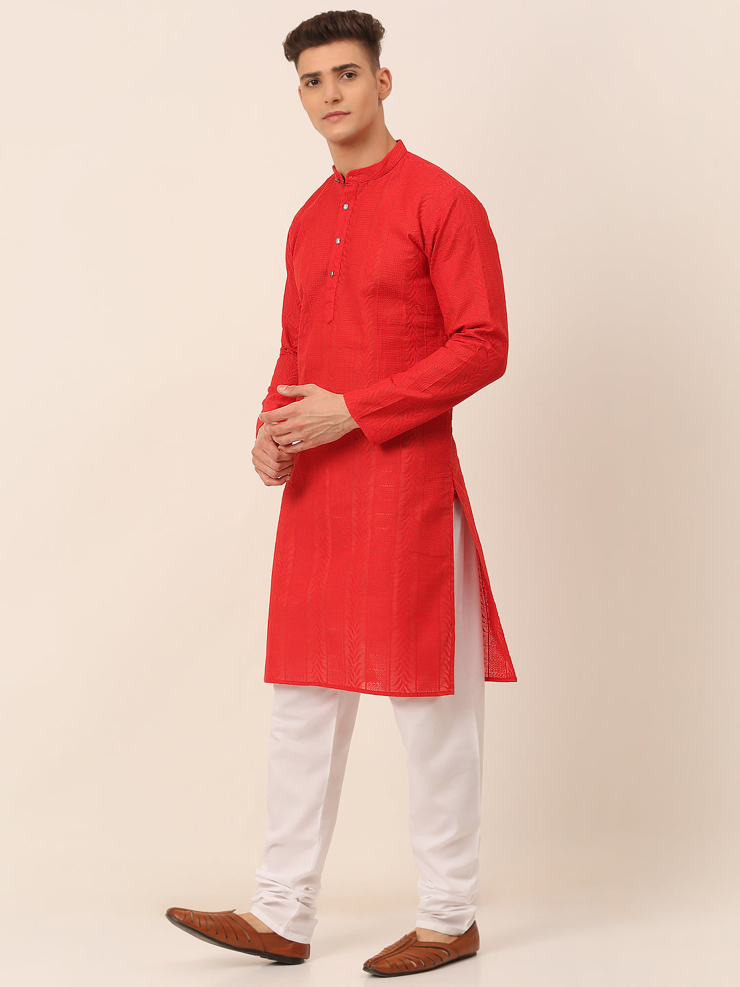 Men's Pure Cotton Embroidered Kurta Pyjama Set ( Jokp 660 Red ) - Virat Fashions