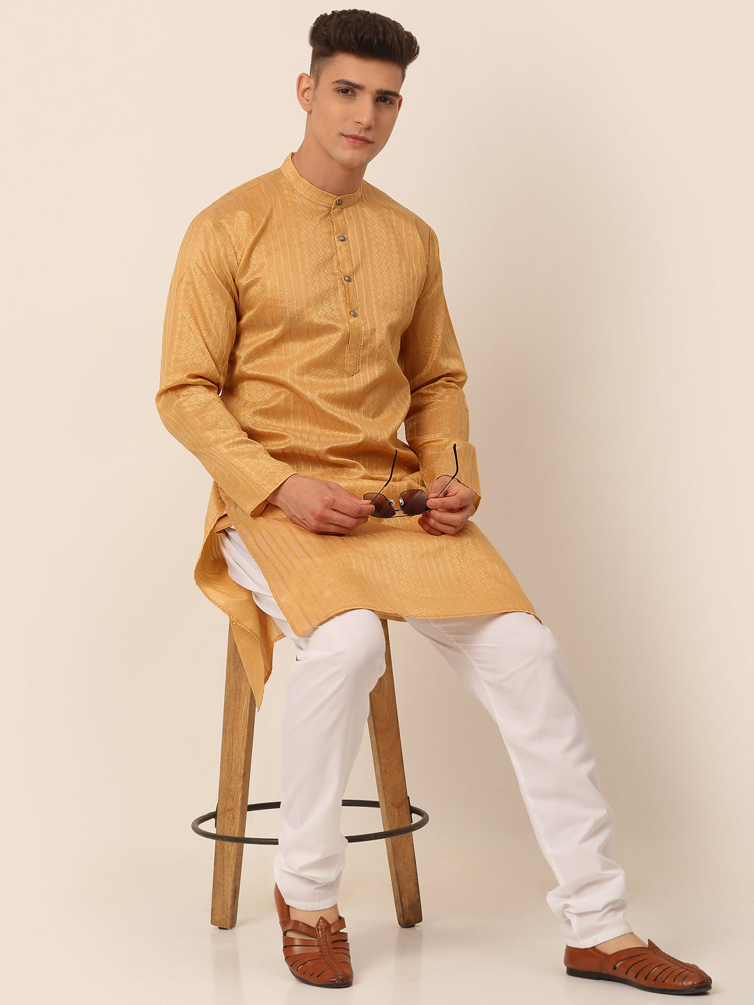 Men's Silk Blend Sequence Embroidered Kurta Pyjama Set ( Jokp 661 Beige ) - Virat Fashions