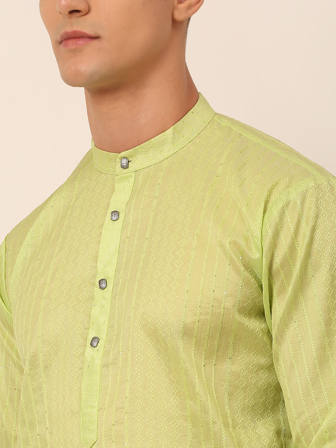 Men's Silk Blend Sequence Embroidered Kurta Pyjama Set ( Jokp 661 Green ) - Virat Fashions