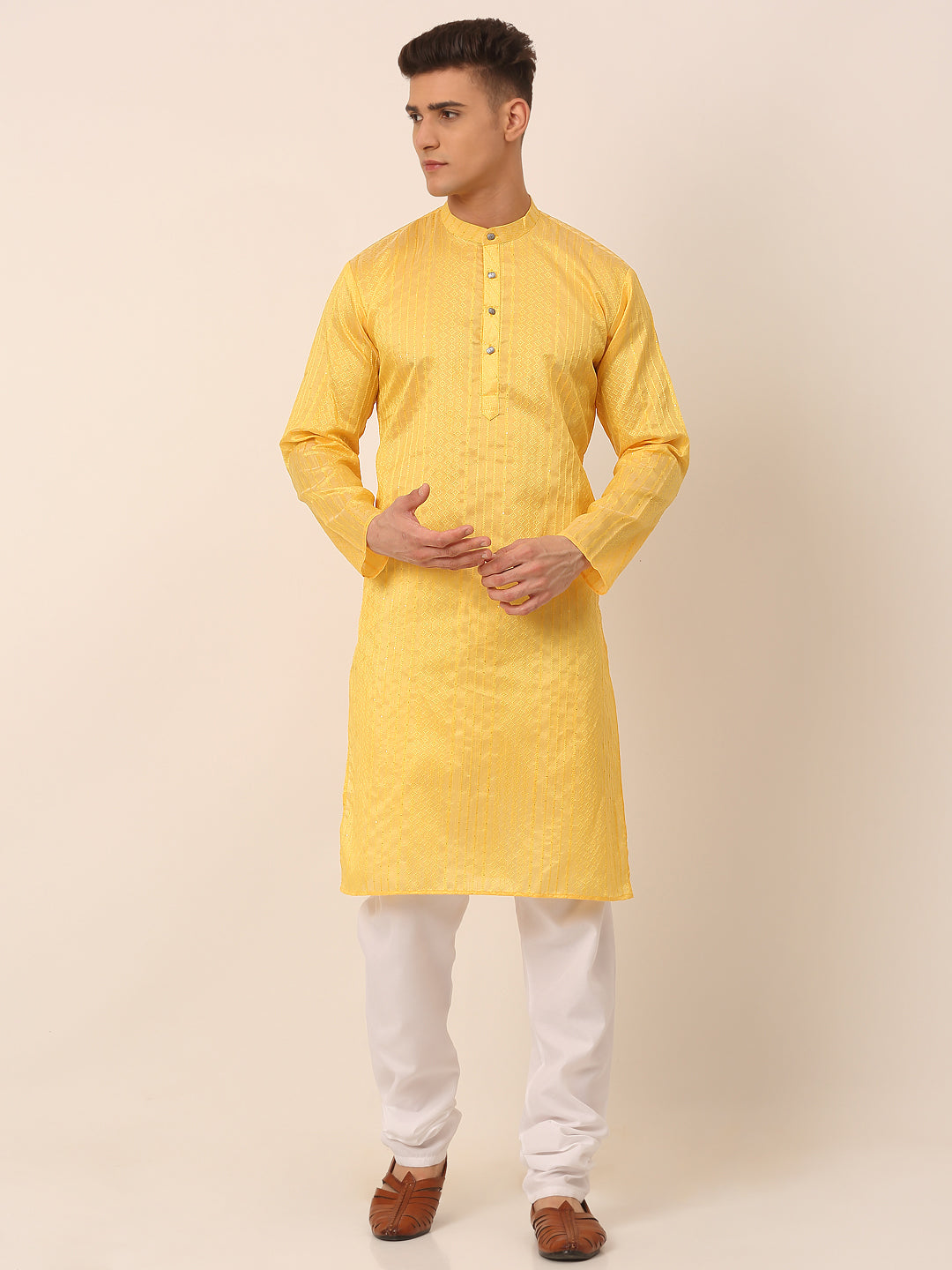 Men's Silk Blend Sequence Embroidered Kurta Pyjama Set ( Jokp 661 Yellow ) - Virat Fashions