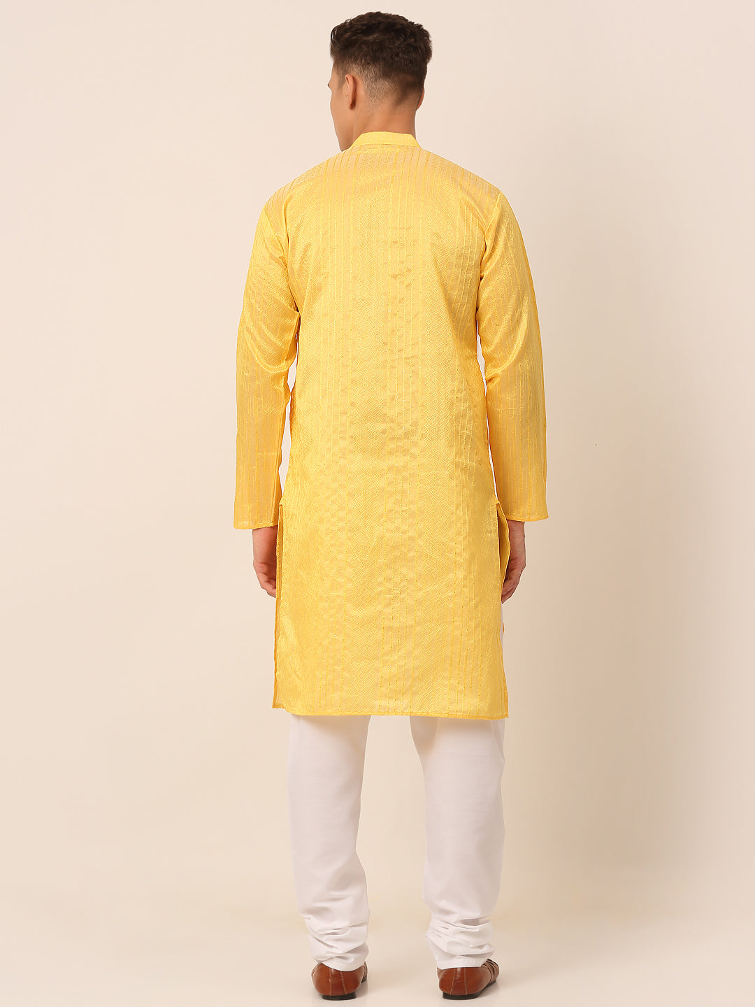 Men's Silk Blend Sequence Embroidered Kurta Pyjama Set ( Jokp 661 Yellow ) - Virat Fashions