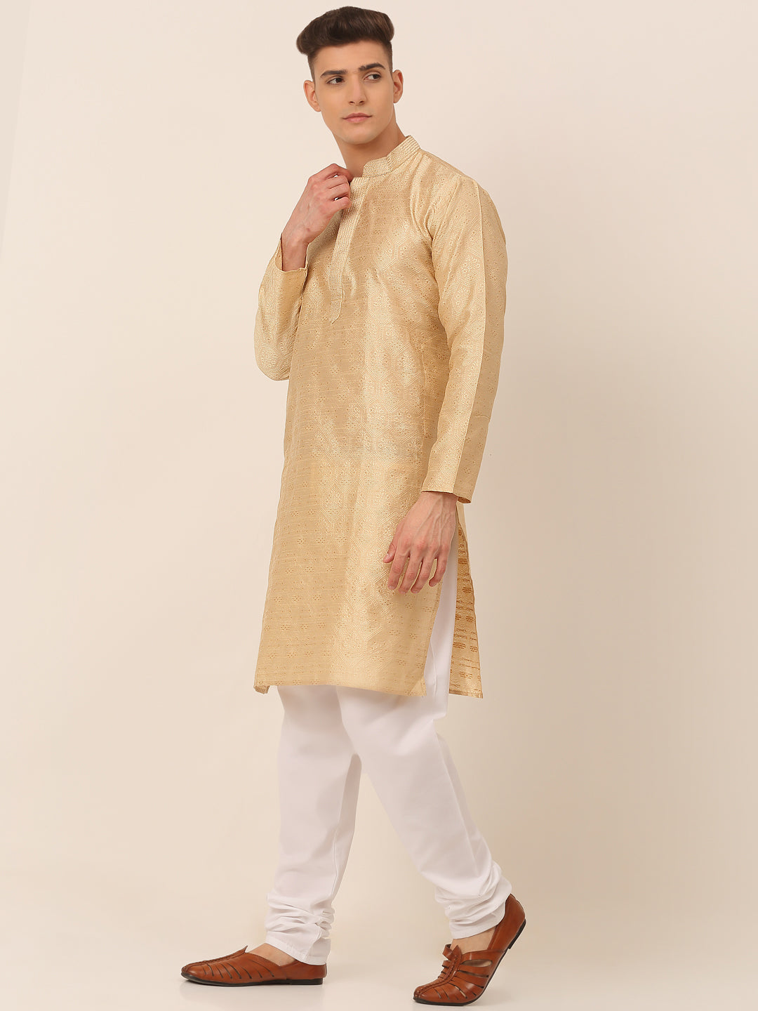 Men's Silk Blend Collar Embroidered Kurta Pyjama Set ( Jokp 662 Beige ) - Virat Fashions