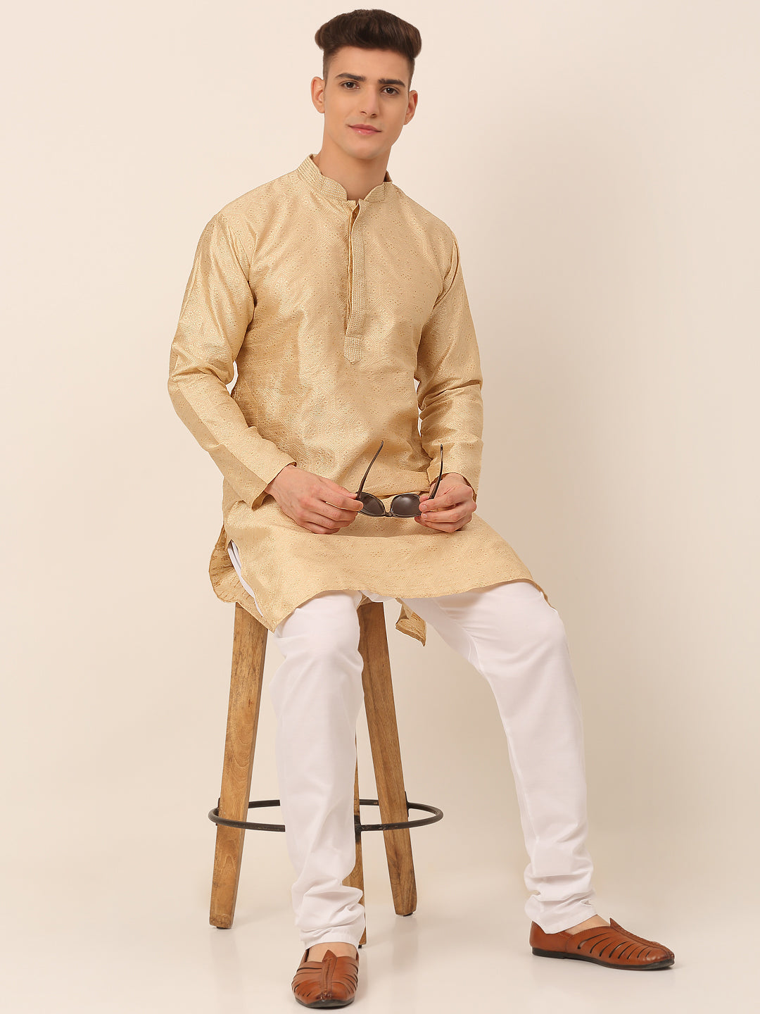 Men's Silk Blend Collar Embroidered Kurta Pyjama Set ( Jokp 662 Beige ) - Virat Fashions