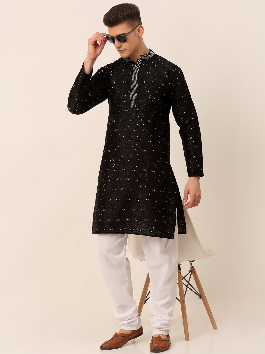 Men's Silk Blend Collar Embroidered Kurta Pyjama Set ( Jokp 662 Black ) - Virat Fashions