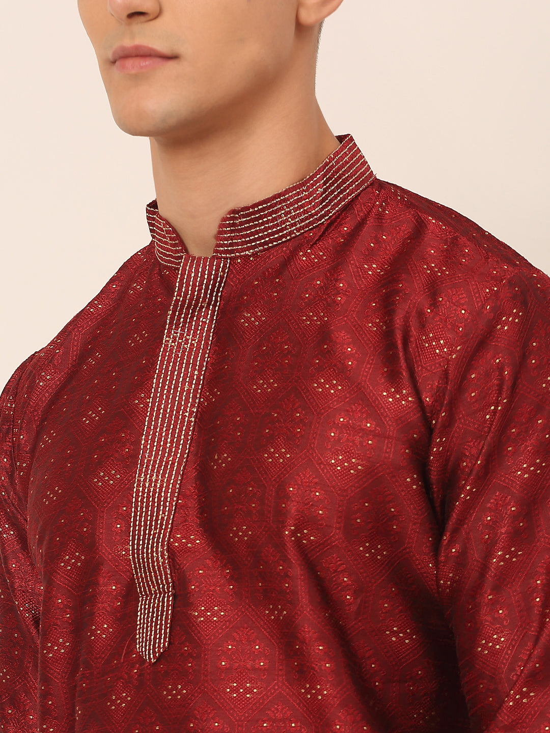 Men's Silk Blend Collar Embroidered Kurta Pyjama Set ( Jokp 662 Maroon ) - Virat Fashions
