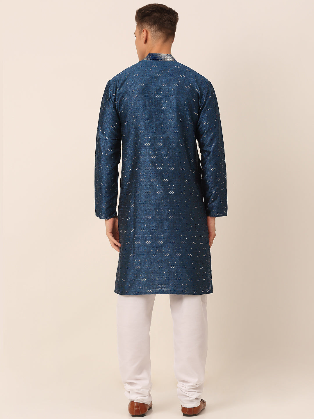 Men's Silk Blend Collar Embroidered Kurta Pyjama Set ( Jokp 662 Peacock ) - Virat Fashions