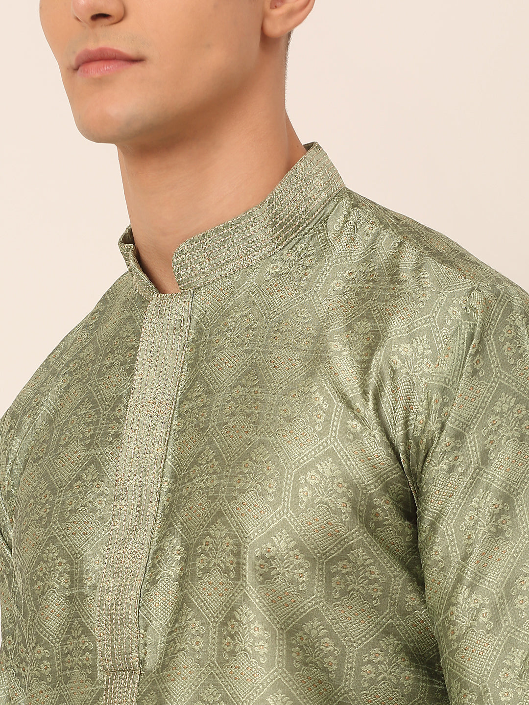 Men's Silk Blend Collar Embroidered Kurta Pyjama Set ( Jokp 662 Pista ) - Virat Fashions