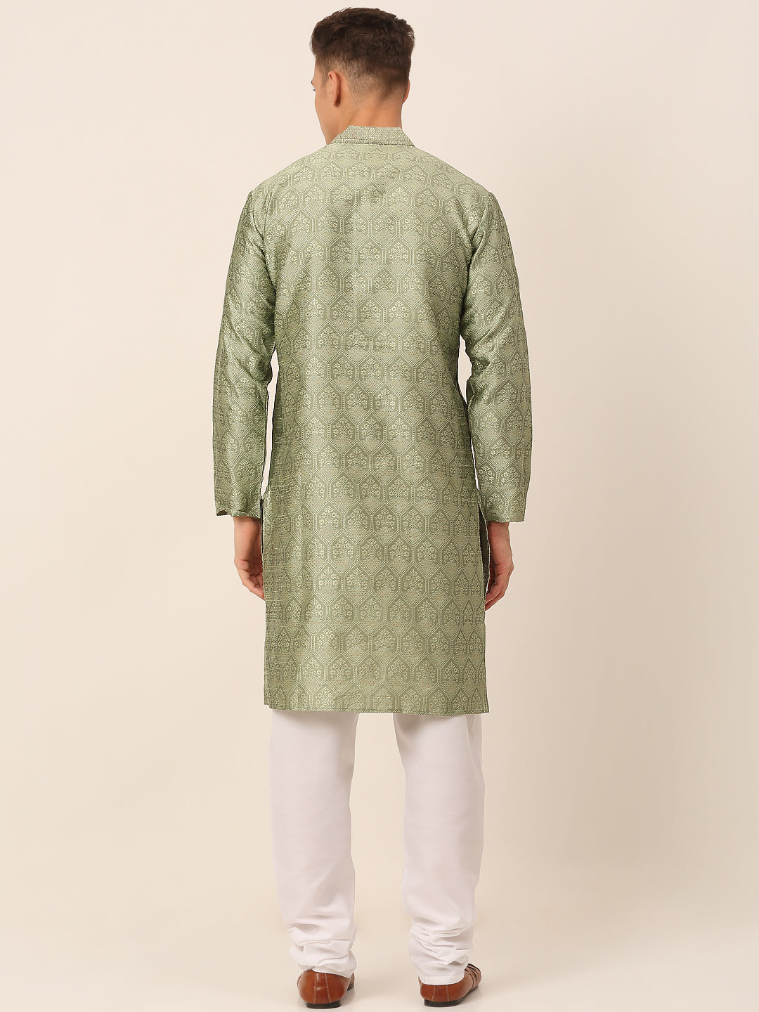 Men's Silk Blend Collar Embroidered Kurta Pyjama Set ( Jokp 662 Pista ) - Virat Fashions