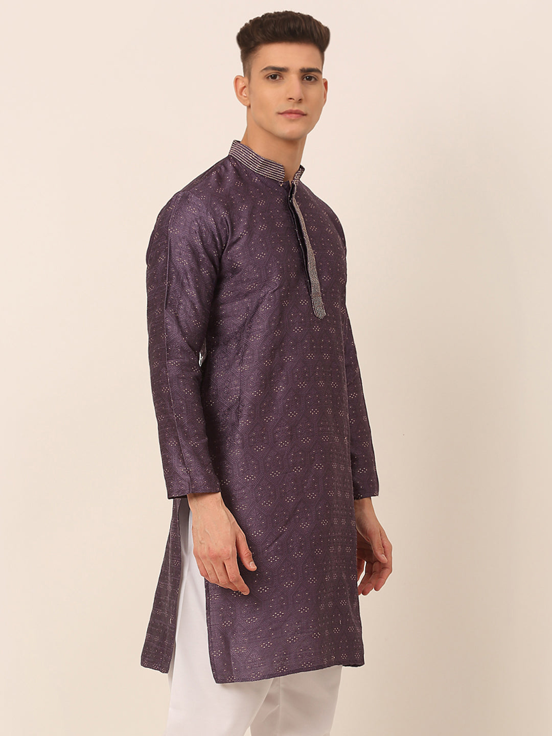 Men's Silk Blend Collar Embroidered Kurta Only ( Ko 662 Purple ) - Virat Fashions