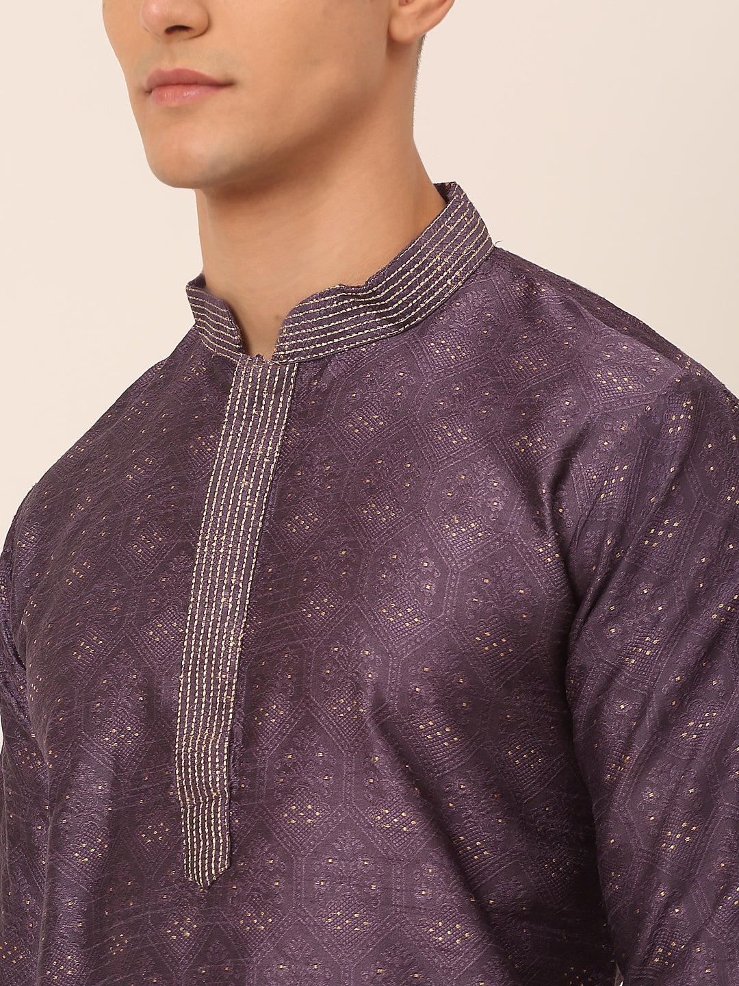 Men's Silk Blend Collar Embroidered Kurta Pyjama Set ( Jokp 662 Purple ) - Virat Fashions