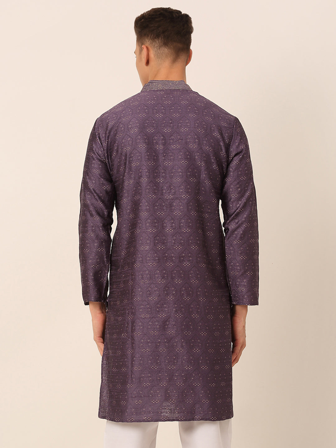 Men's Silk Blend Collar Embroidered Kurta Only ( Ko 662 Purple ) - Virat Fashions