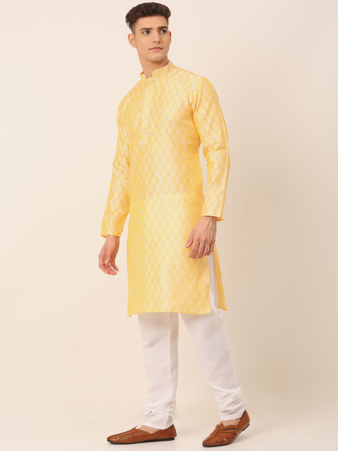 Men's Silk Blend Collar Embroidered Kurta Pyjama Set ( Jokp 663 Golden ) - Virat Fashions