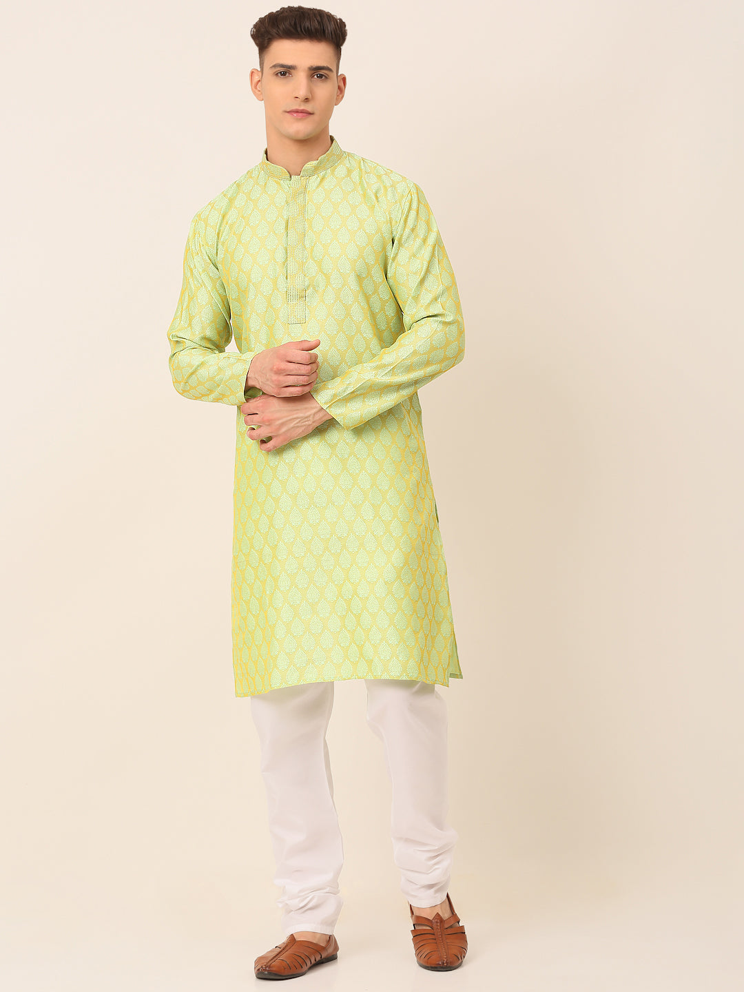 Men's Silk Blend Collar Embroidered Kurta Pyjama Set ( Jokp 663 Green ) - Virat Fashions