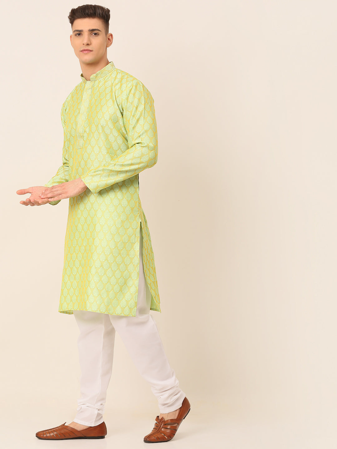 Men's Silk Blend Collar Embroidered Kurta Pyjama Set ( Jokp 663 Green ) - Virat Fashions
