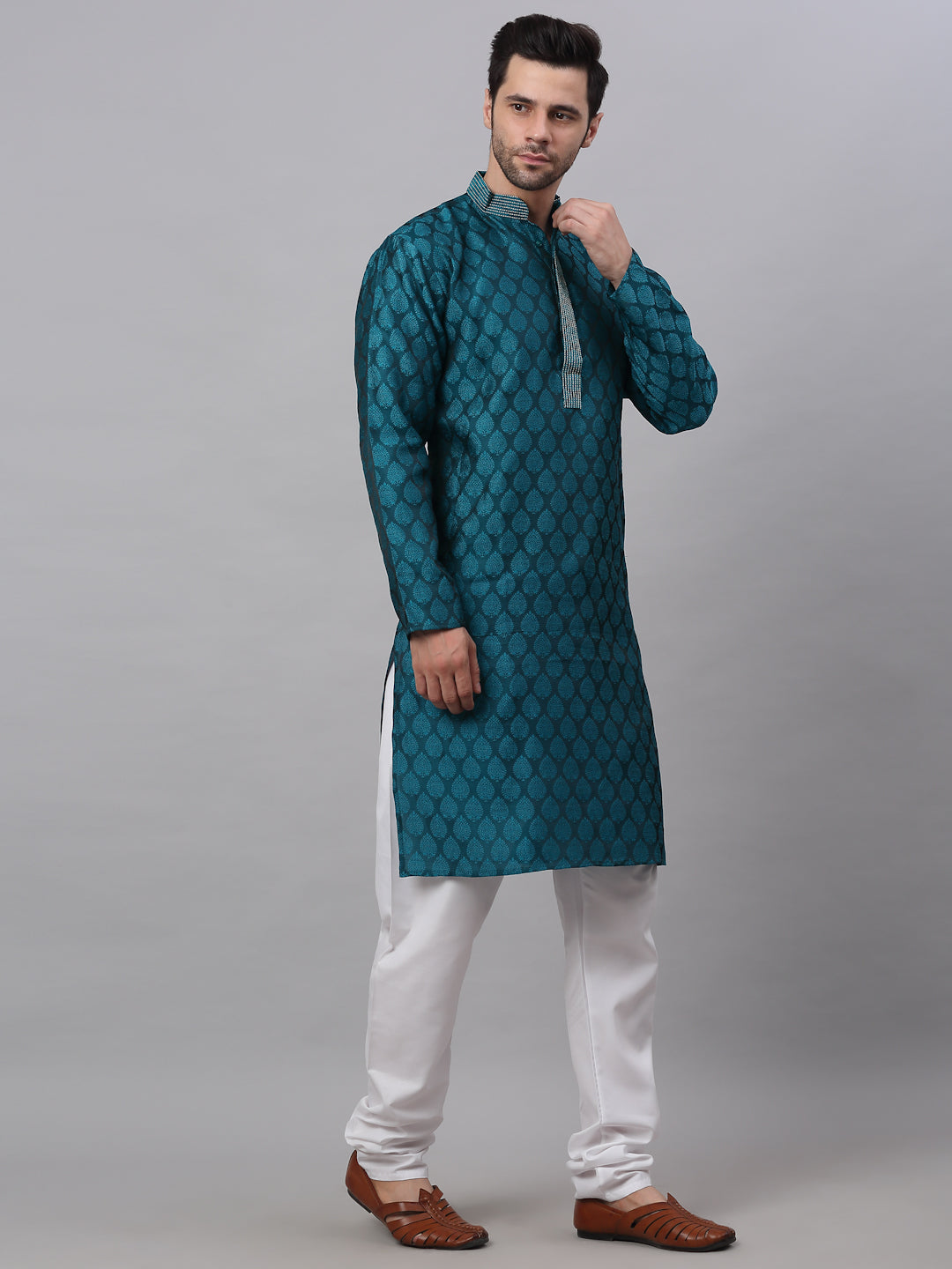 Men's Silk Blend Collar Embroidered Kurta Pyjama Set ( Jokp 663 Peacock ) - Virat Fashions