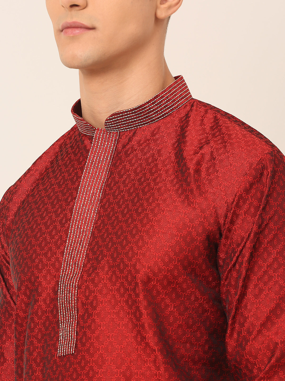 Men's Silk Blend Collar Embroidered Kurta Pyjama Set ( Jokp 664 Maroon ) - Virat Fashions