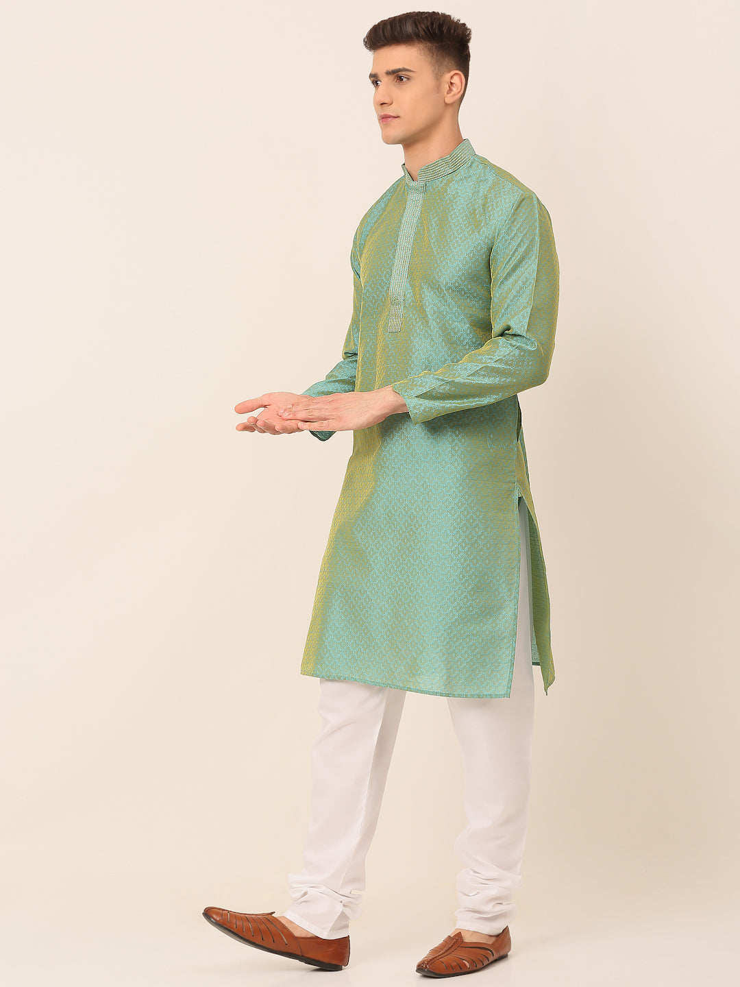 Men's Silk Blend Collar Embroidered Kurta Pyjama Set ( Jokp 664 Sea-Green ) - Virat Fashions