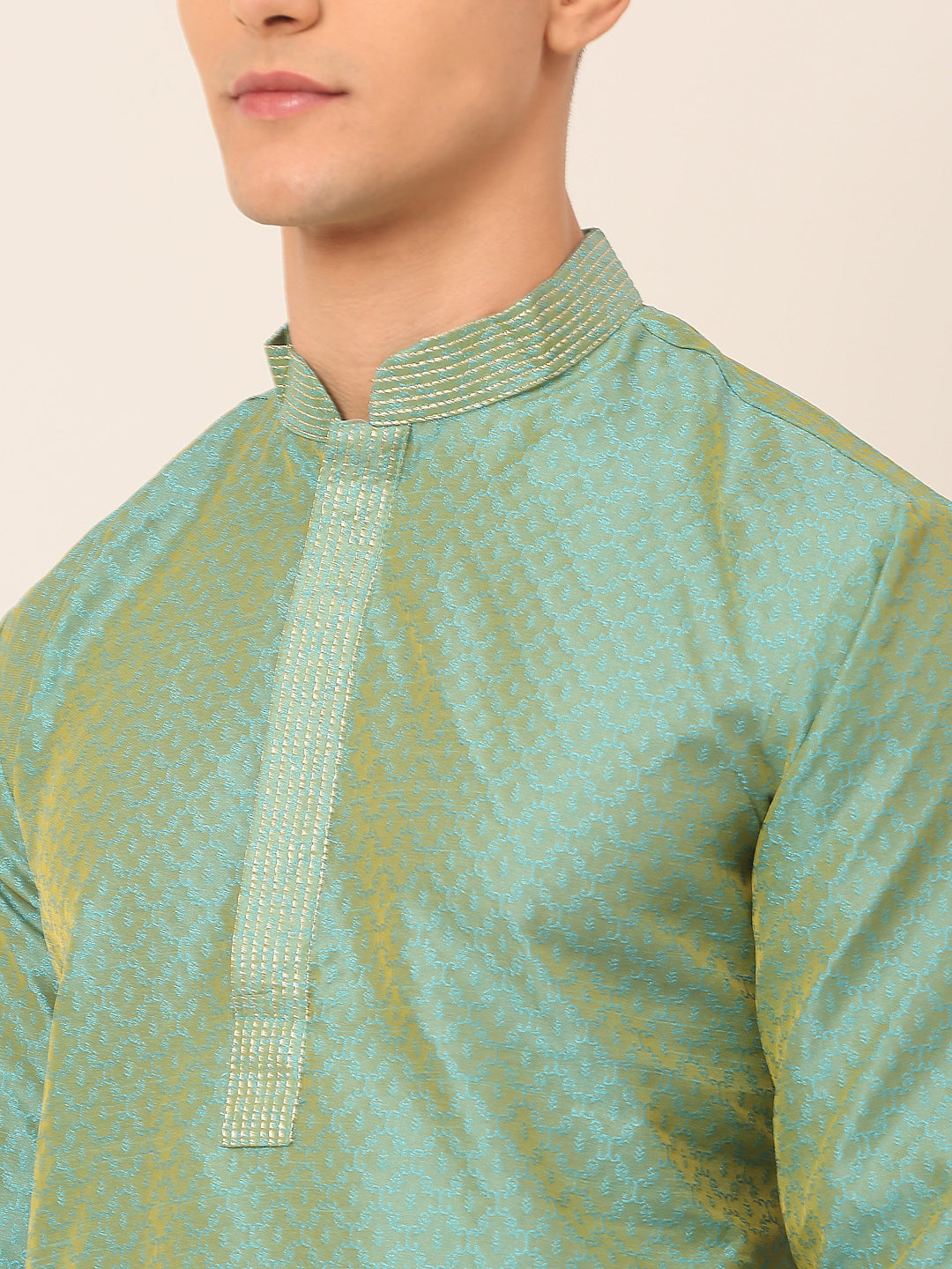 Men's Silk Blend Collar Embroidered Kurta Pyjama Set ( Jokp 664 Sea-Green ) - Virat Fashions