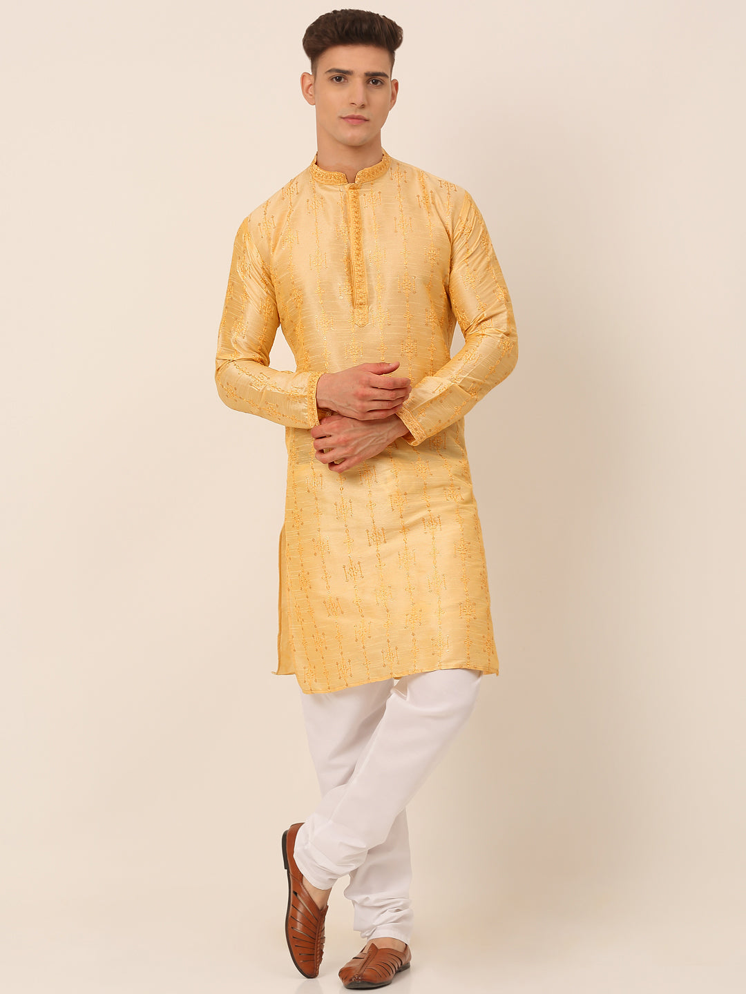 Men's Silk Blend Collar Embroidered Kurta Pyjama Set ( Jokp 665 Golden ) - Virat Fashions