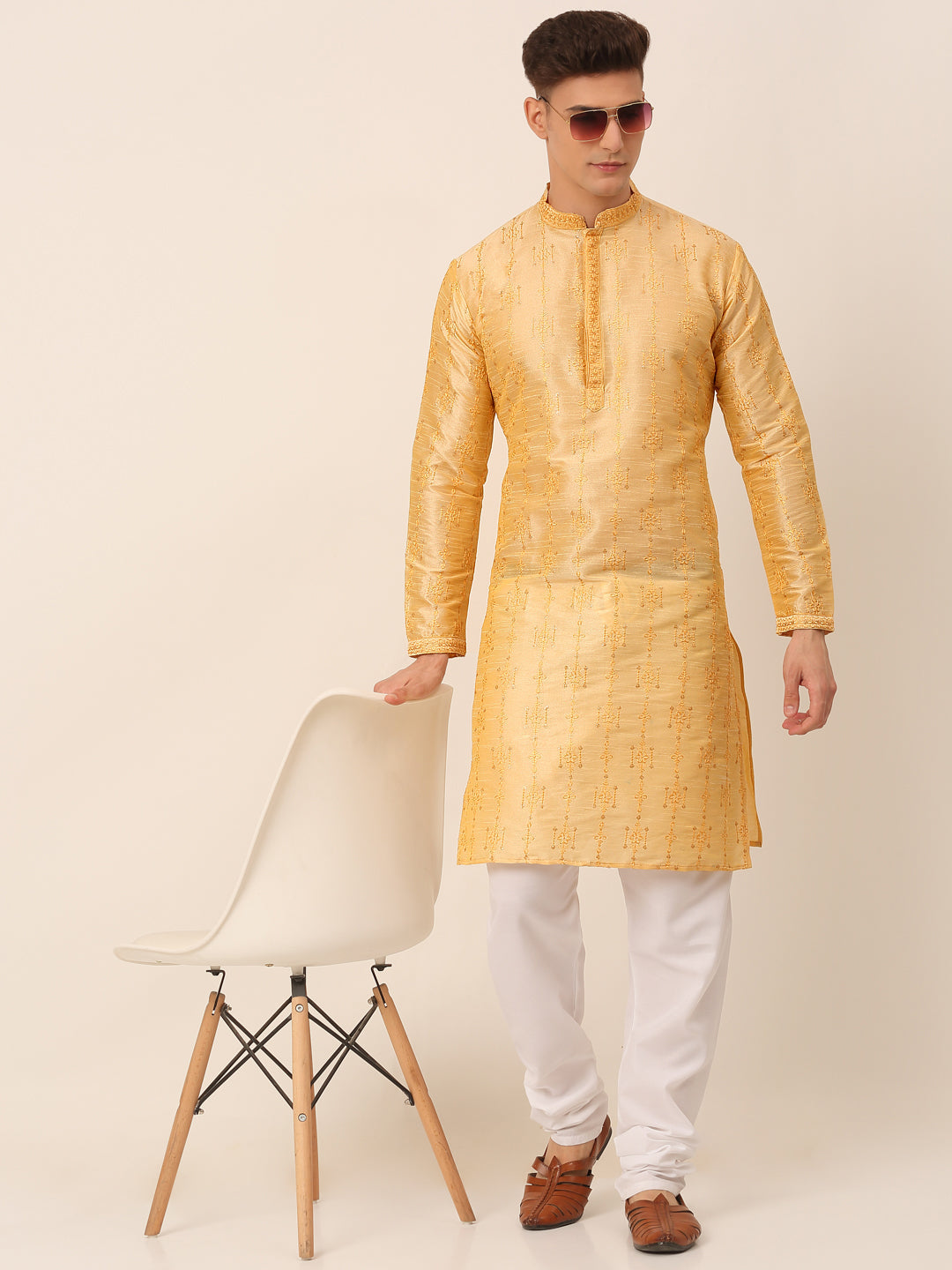 Men's Silk Blend Collar Embroidered Kurta Pyjama Set ( Jokp 665 Golden ) - Virat Fashions