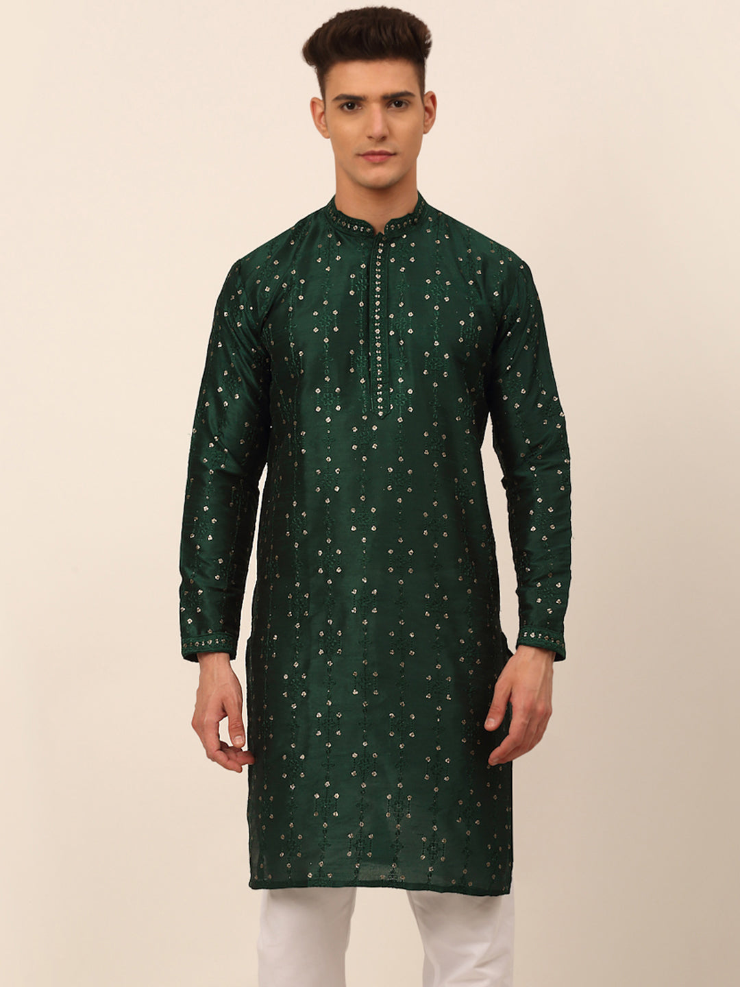 Men's Silk Blend Collar Embroidered Kurta Only ( Ko 665 Green ) - Virat Fashions