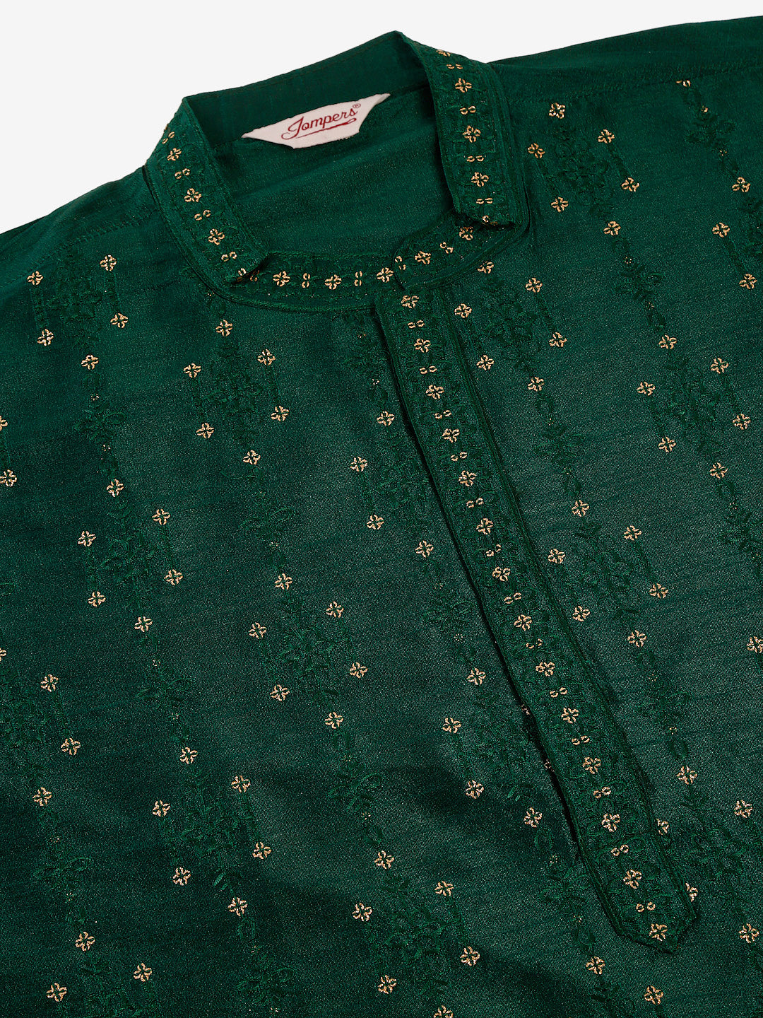 Men's Silk Blend Collar Embroidered Kurta Pyjama Set ( Jokp 665 Green ) - Virat Fashions