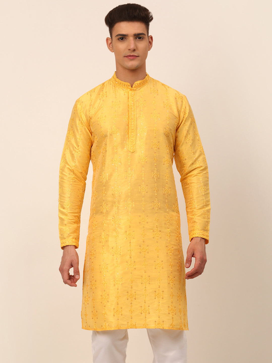 Men's Silk Blend Collar Embroidered Kurta Only ( Ko 665 Yellow ) - Virat Fashions