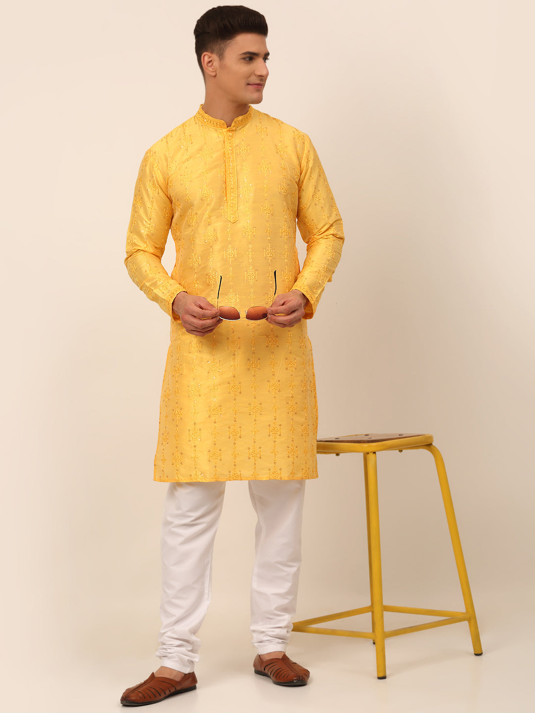 Men's Silk Blend Collar Embroidered Kurta Pyjama Set ( Jokp 665 Yellow ) - Virat Fashions