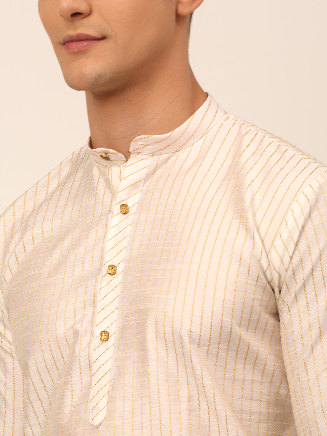 Men's Cream Striped Pleated Chikankari Kurta Pyjama Set ( Jokp 666 Cream ) - Virat Fashions