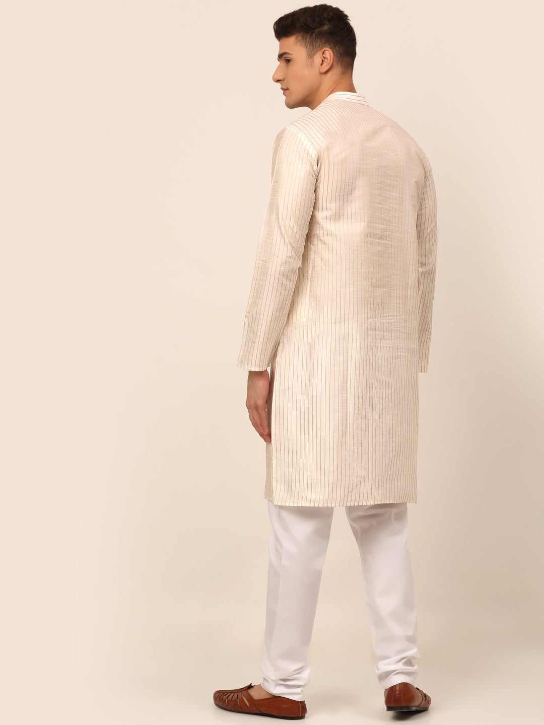 Men's Cream Striped Pleated Chikankari Kurta Pyjama Set ( Jokp 666 Cream ) - Virat Fashions