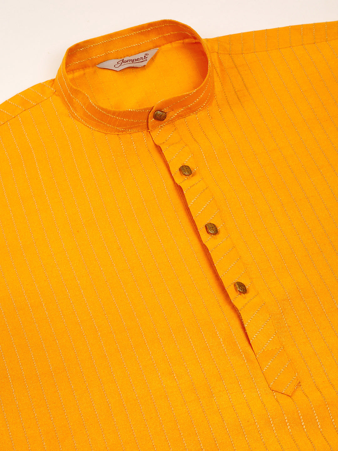 Men's Mustard Striped Pleated Chikankari Kurta Pyjama Set ( Jokp 666 Mustard ) - Virat Fashions