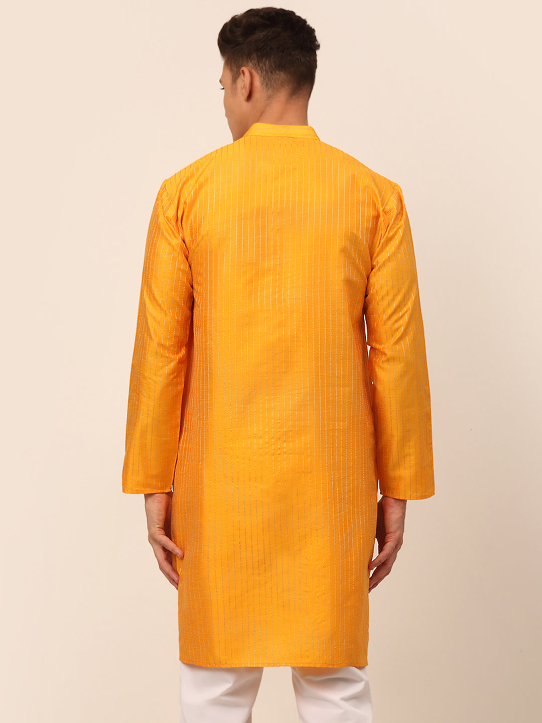 Men's Mustard Striped Pleated Chikankari Kurta Only ( Ko 666 Mustard ) - Virat Fashions