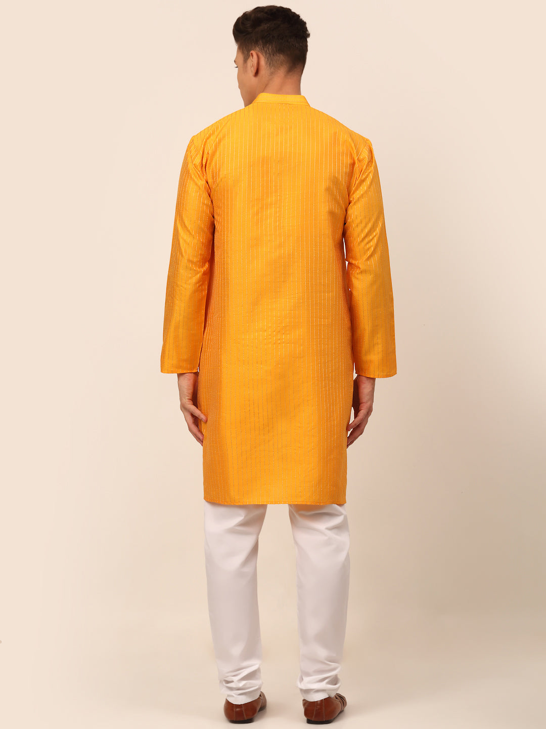 Men's Mustard Striped Pleated Chikankari Kurta Pyjama Set ( Jokp 666 Mustard ) - Virat Fashions