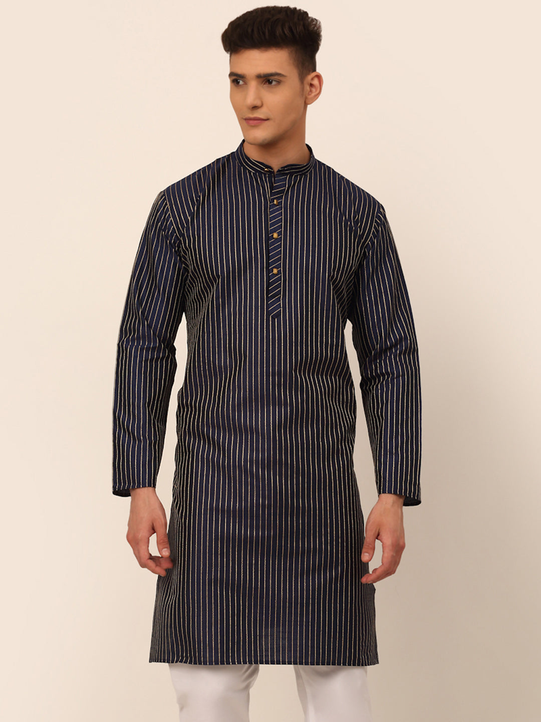 Men's Navy Blue Striped Pleated Chikankari Kurta Only ( Ko 666 Navy ) - Virat Fashions