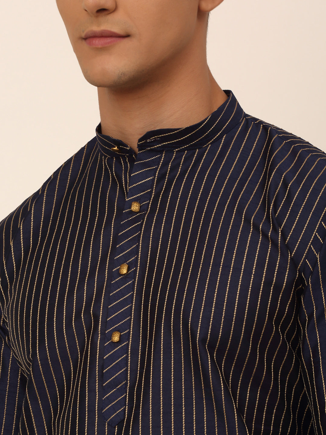 Men's Navy Blue Striped Pleated Chikankari Kurta Pyjama Set ( Jokp 666 Navy ) - Virat Fashions