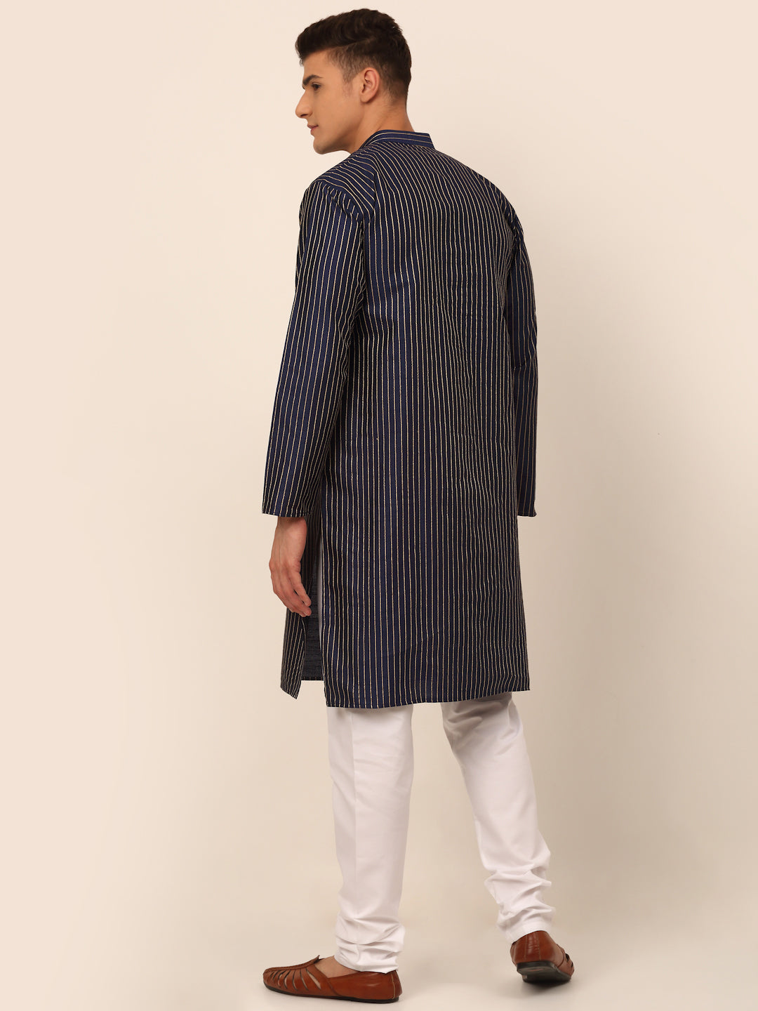 Men's Navy Blue Striped Pleated Chikankari Kurta Pyjama Set ( Jokp 666 Navy ) - Virat Fashions