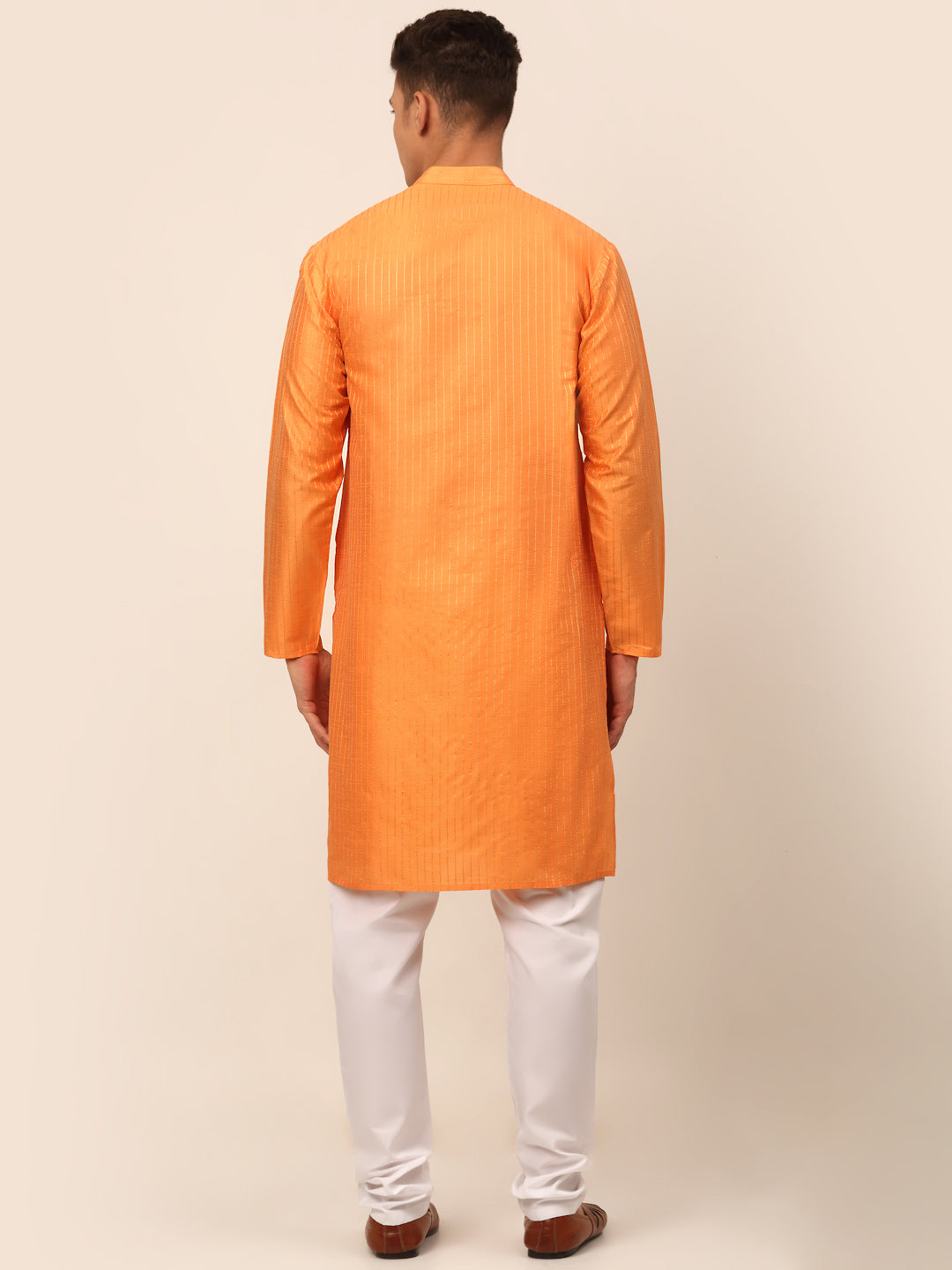 Men's Peach Striped Pleated Chikankari Kurta Pyjama Set ( Jokp 666 Peach ) - Virat Fashions