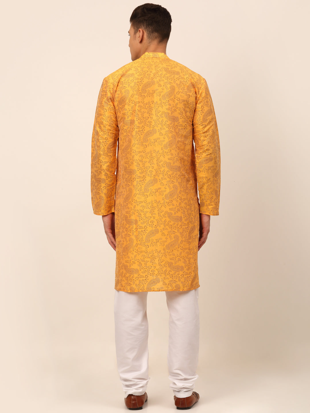 Men's Mustard Paisley Printed Kurta With Pyjama ( Jokp 667 Mustard ) - Virat Fashions