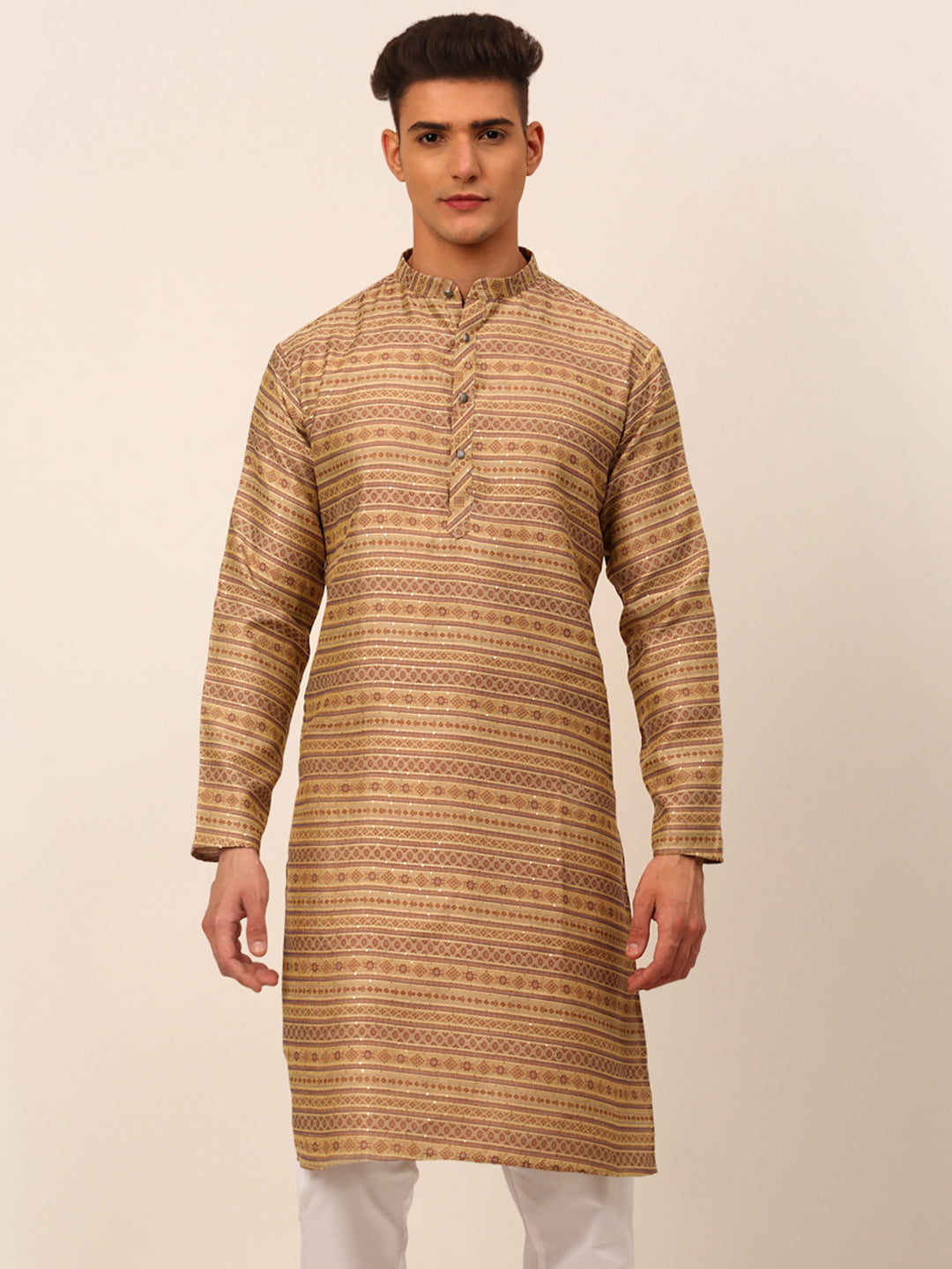 Men's Printed Sequinned Kurta Only ( Ko 668 Brown ) - Virat Fashions