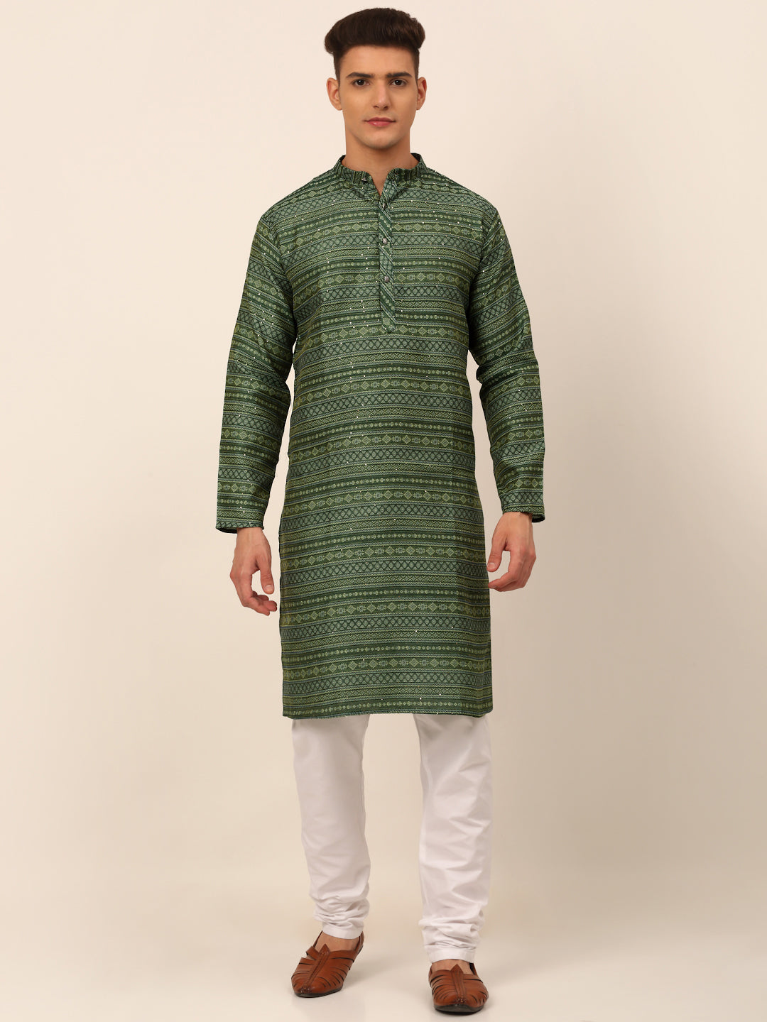 Men's Sequinned Kurta With Churidar ( Jokp 668 Green ) - Virat Fashions
