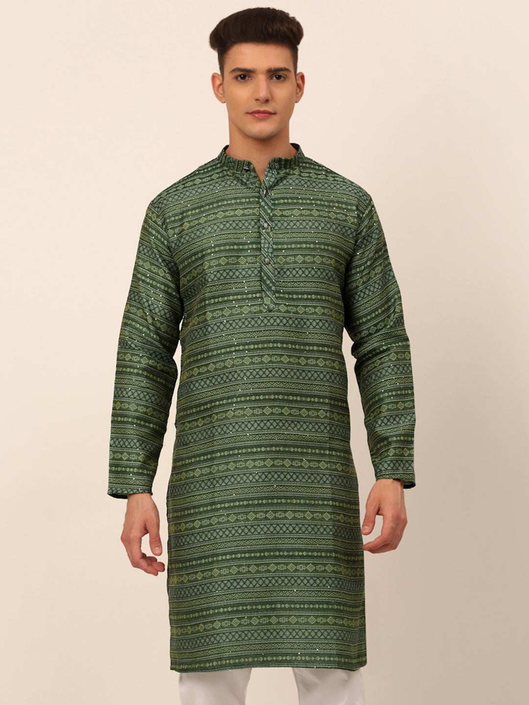 Men's Printed Sequinned Kurta Only ( Ko 668 Green ) - Virat Fashions
