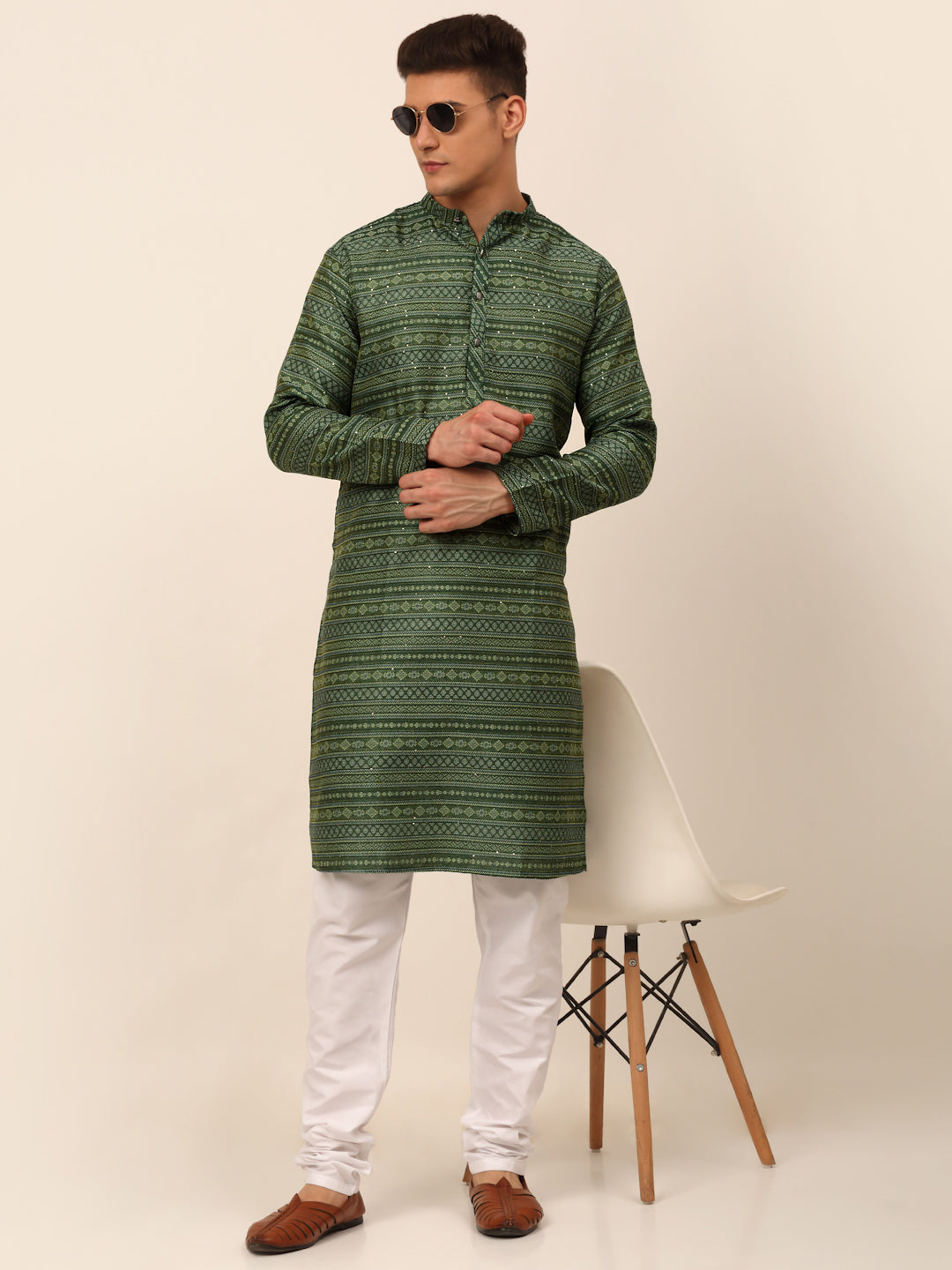 Men's Sequinned Kurta With Churidar ( Jokp 668 Green ) - Virat Fashions
