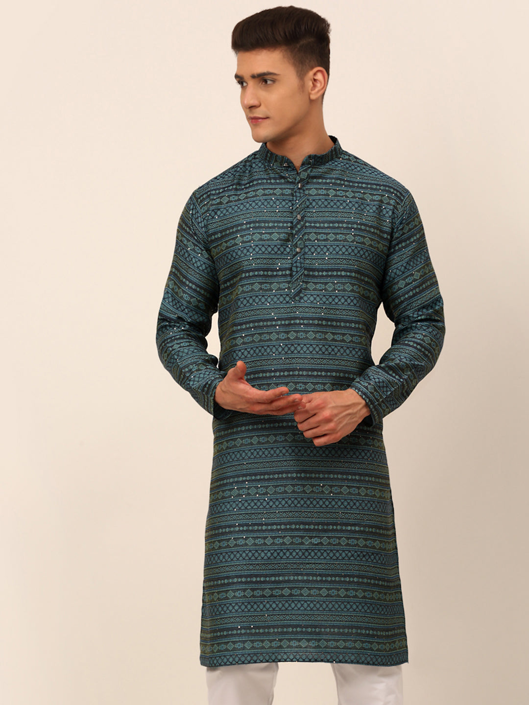 Men's Printed Sequinned Kurta Only ( Ko 668 Teal ) - Virat Fashions
