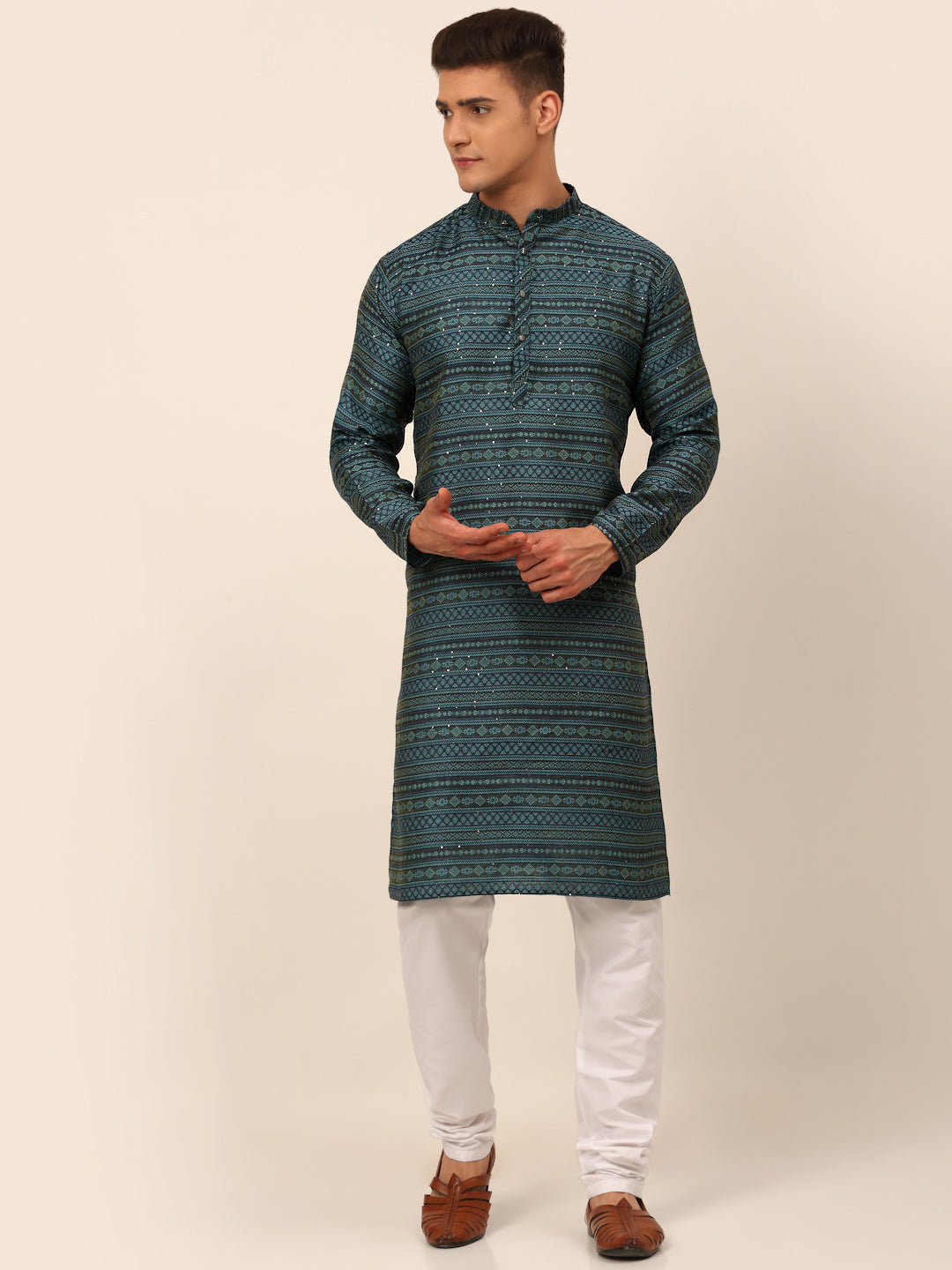 Men's Printed Sequinned Kurta With Churidar ( Jokp 668 Teal ) - Virat Fashions