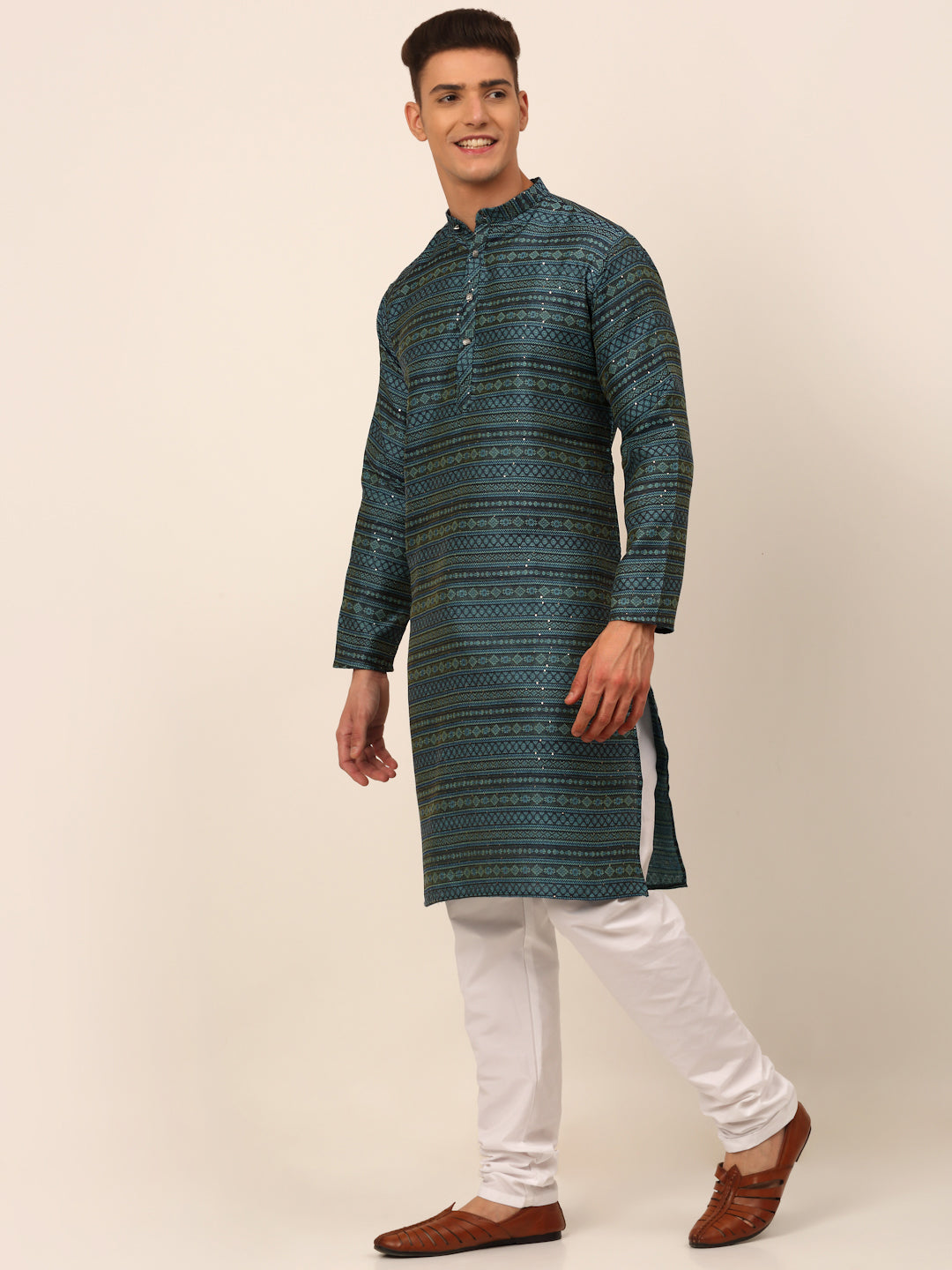 Men's Printed Sequinned Kurta With Churidar ( Jokp 668 Teal ) - Virat Fashions