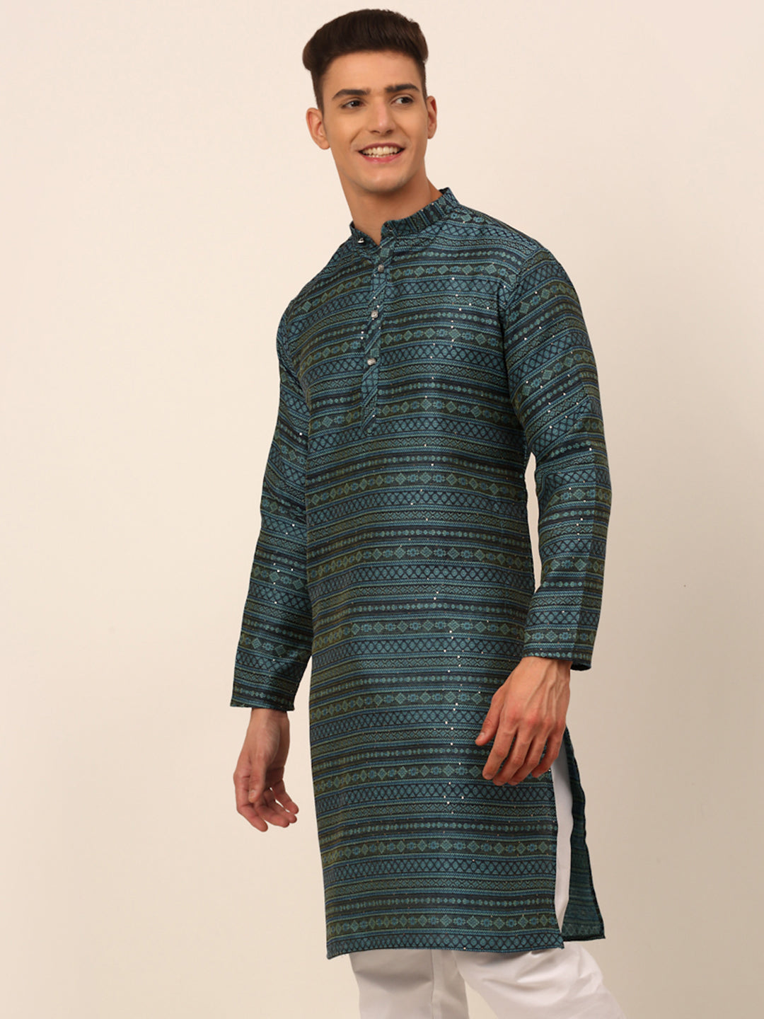 Men's Printed Sequinned Kurta Only ( Ko 668 Teal ) - Virat Fashions