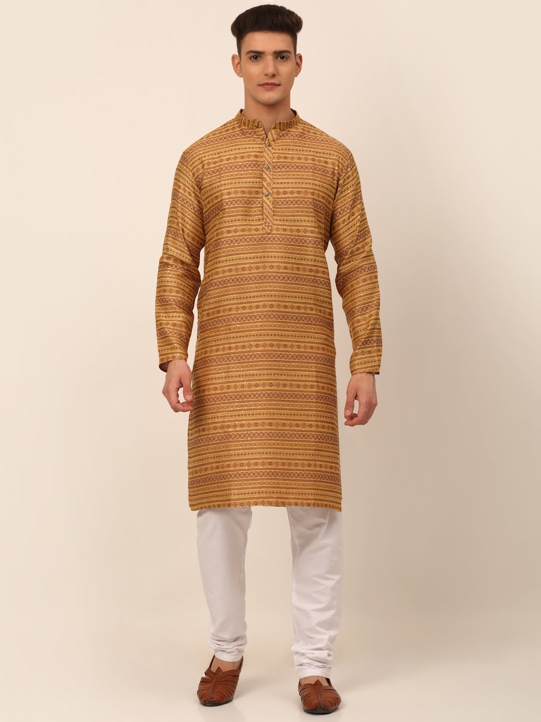 Men's Printed Sequinned Kurta With Churidar ( Jokp 668 Yellow ) - Virat Fashions