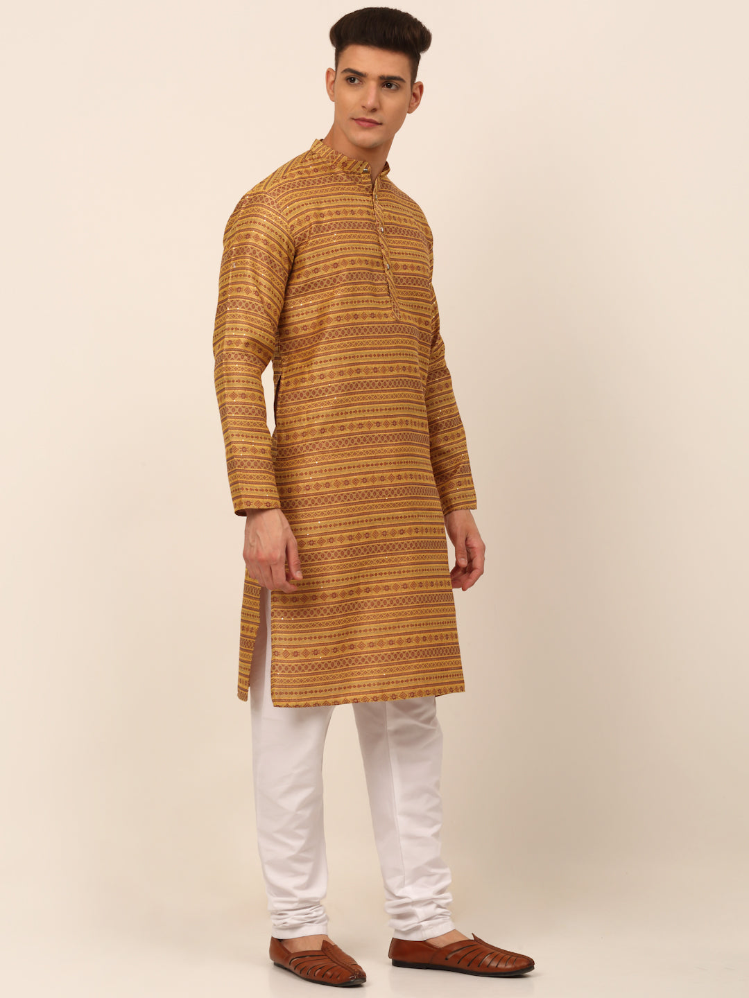 Men's Printed Sequinned Kurta With Churidar ( Jokp 668 Yellow ) - Virat Fashions