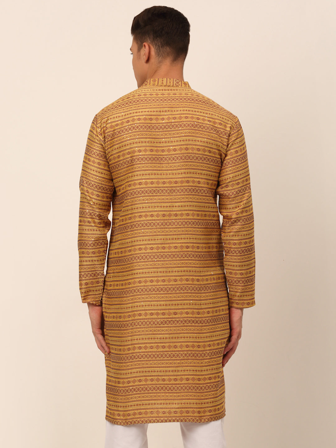 Men's Printed Sequinned Kurta Only ( Ko 668 Yellow ) - Virat Fashions