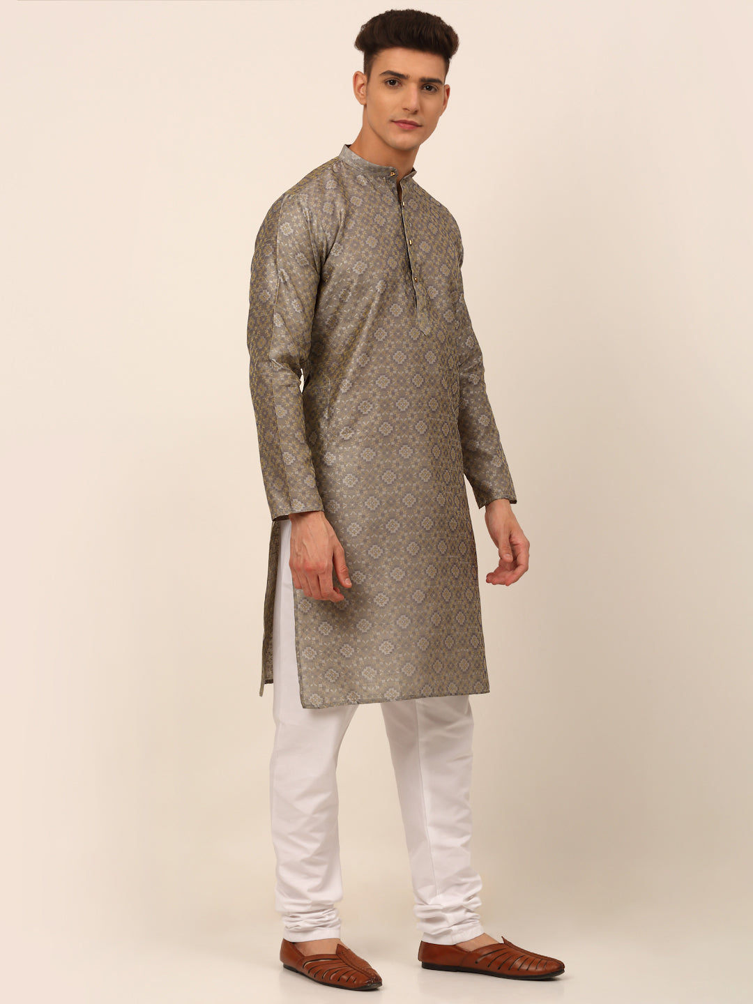 Men's Grey Floral Printed Kurta With Churidar ( Jokp 669 Grey ) - Virat Fashions